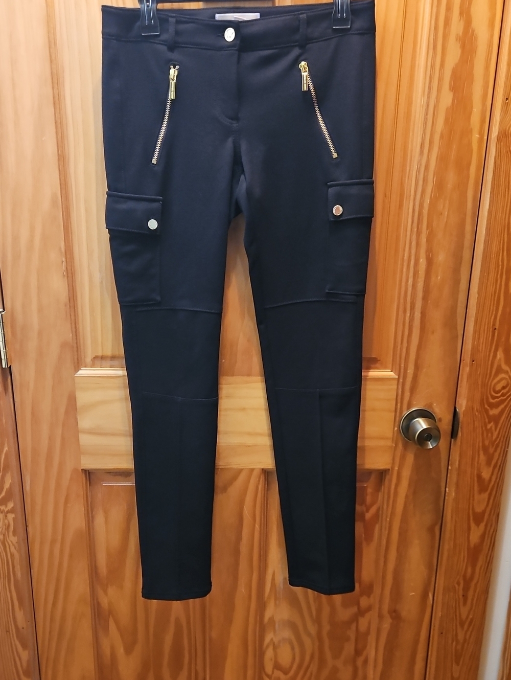 Michael Kors Black Skinny Cargo Ponte Pants with Gold Zippers